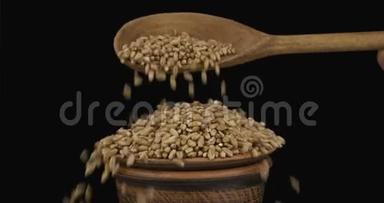 麦粒从一个<strong>木勺子</strong>上得到足够的睡眠，在一堆泥土碗里。